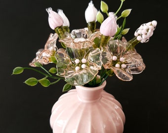 Verre de Murano, belles fleurs roses avec vase rose (Lot de 11 fleurs et 1 vase) / Verre au chalumeau fait main / Cadeau spécial fête des Mères