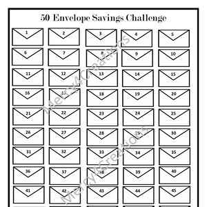 Op de afbeelding: Een printbare 50 Envelope Savings Challenge-kaart met een zwart-wit ontwerp. De kaart bevat 50 genummerde enveloppen, een ruimte voor een startdatum, een ruimte voor een einddatum en een ruimte om "My Why" te schrijven.
