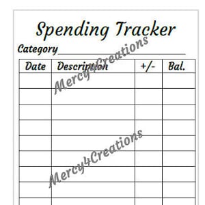 Puede incluir: Un rastreador de gastos imprimible con columnas para categoría, fecha, descripción, más o menos y saldo.
