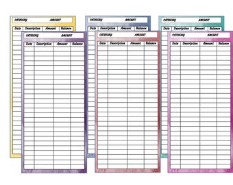 Puede incluir: Tres hojas de seguimiento de presupuesto imprimibles con fondos de acuarela en amarillo, morado y rosa. Cada hoja tiene columnas para la fecha, la descripción, el importe y el saldo.
