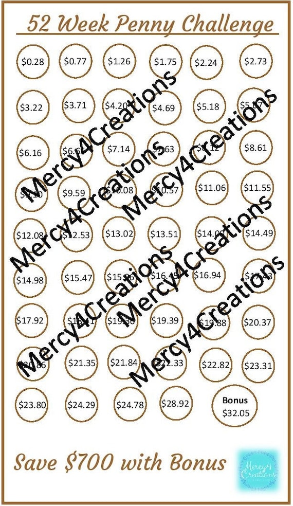 52 Week Penny Challenge 7 X 4 Savings Tracker Printable - Etsy