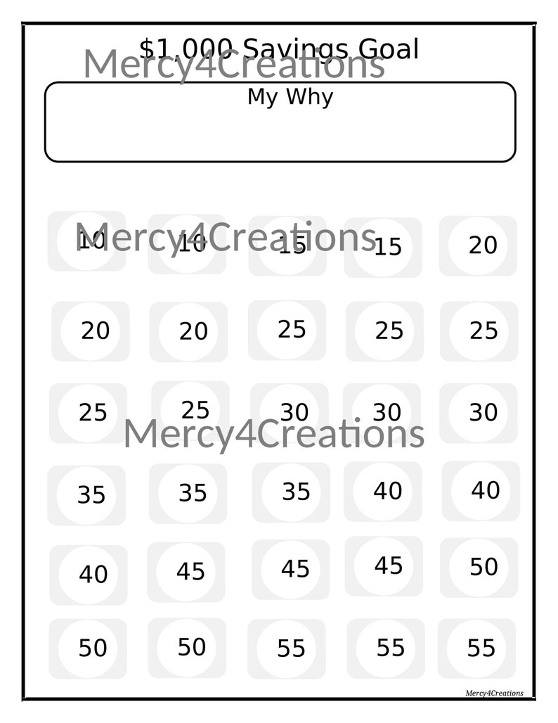 May include: A black and white printable savings goal chart with a title that reads "$1,000 Savings Goal" and a space to write "My Why". The chart has a grid of circles with numbers from 15 to 55.