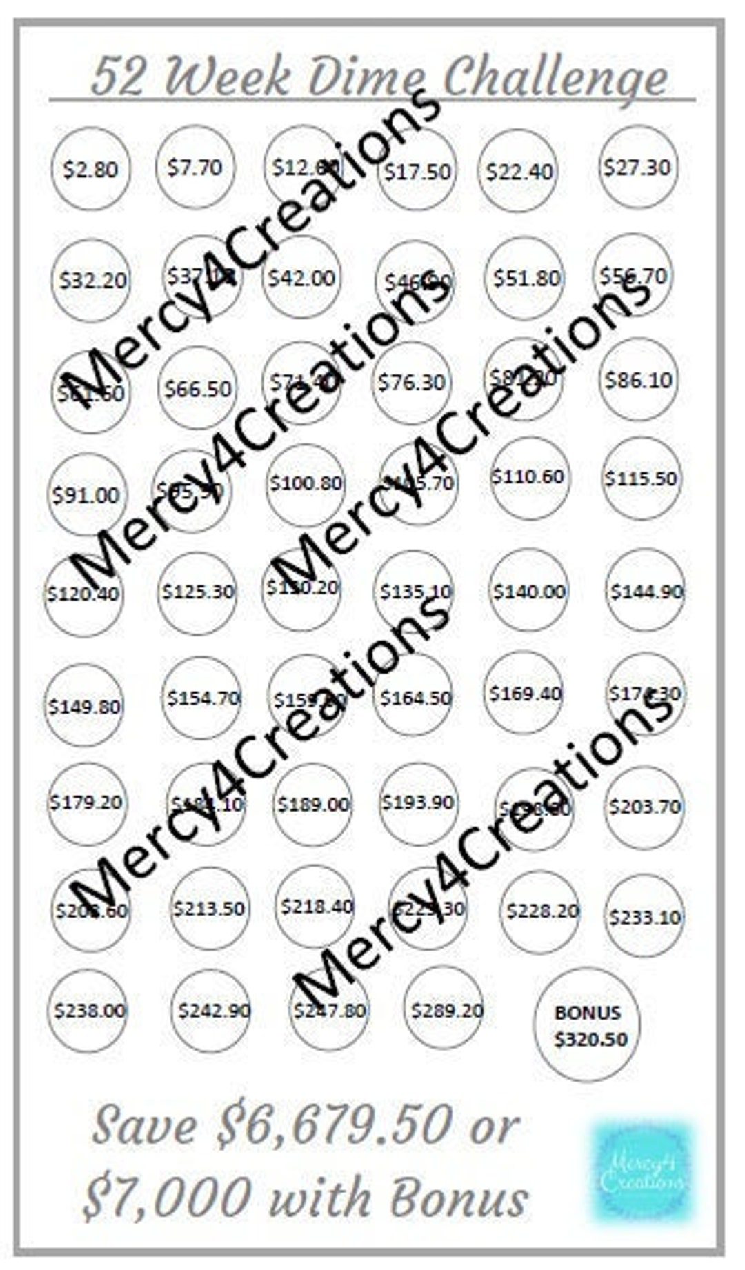 52 Week Dime Challenge 7 X 4 Savings Tracker Printable INSTANT DOWNLOAD