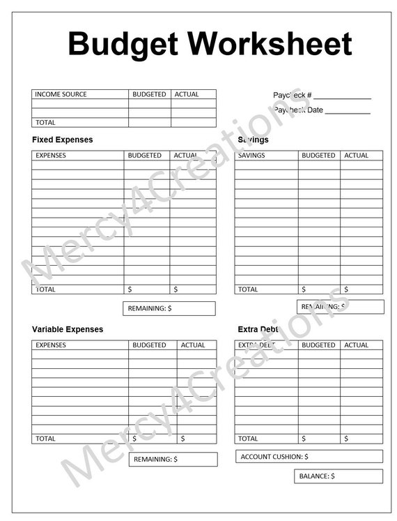 Budget Worksheet Paycheck Budget Sheet INSTANT DOWNLOAD | Etsy