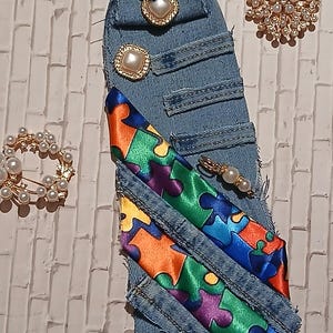 Upcycled Denim Tie Necklace with Multicolor Crystal Brooch (beads not included. Upcycle Denim Necktie Necklace - Etsy main image 2