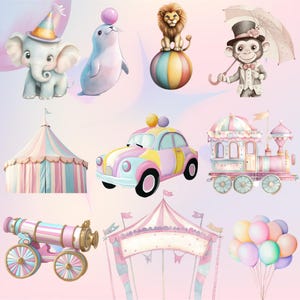 Zestaw urodzinowy Circus png | Pastelowy cyrkowy clipart | Ilustracje zwierząt cyrkowych w stylu vintage | Namiot karnawałowy Clip Art | Fantazyjny wystrój imprezy,
