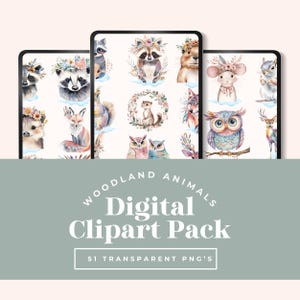 51 PNG, Boho Woodland Animal Clipart, Watercolor Cute Animals for Nursery Decor, Digital Download for Crafting Projects,  Instant Download