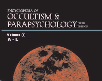 May include: The cover of a book titled "Encyclopedia of Occultism & Parapsychology, Fifth Edition, Volume 1 A-L". The cover features a red moon with a grid pattern and a pyramid with a blue grid pattern.