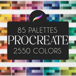 May include: A digital art graphic with a black background featuring the text "85 PALETTES PROCREATE 2550 COLORS" in white. The Procreate logo is at the top. The background is a grid of color swatches.