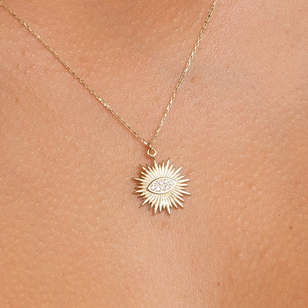 Dainty Sun Pendant Necklace, 14K Gold Plated Sterling Silver, Spiritual Sunburst Necklace, Gift for Her, Minimalist Layering Necklace