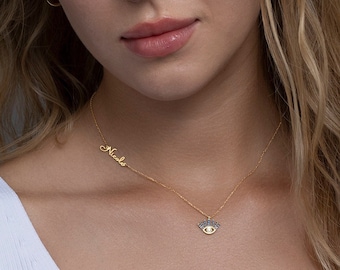 Evil Eye Necklace, Evil Eye Pendant with Initial or Name, Gold Necklace Evil Eye, Personalized Necklace, Minimalist Gift, Jewelry for Woman