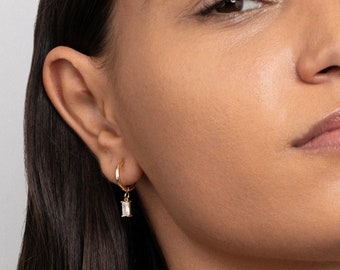 14k Gold Dangling Hoop Earrings with Baguette-Cut Crystal Drop - Elegant Minimalist Jewelry for Women