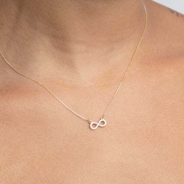 Infinity Necklace, 14K Solid Gold Infinity Pendant Necklace, Cz Stones Dainty Necklace, Minimalist, Handmade Jewelry, Necklaces for women