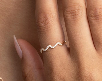 Pave Wave Stacking Ring, 14K Pave Wave Stacking Ring, 925 Sterling Silber Pave Wave Stacking Ring, Schmuck für Frauen, handgemachter Schmuck