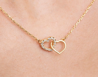 14K Solid Gold Pave Double Heart Necklace, 14K Double Heart Necklace, 10K Double Heart Necklace, 8K Double Heart Necklace, Handmade Jewelry