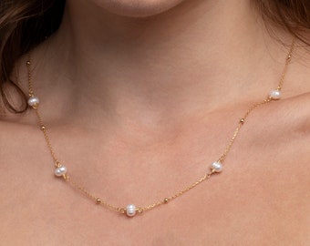 14K Gold Freshwater Pearl Satellite Necklace | Dainty Chain Necklace | Elegant Pearl Jewelry | Bridesmaid Gifts | Minimalist Gold Necklace