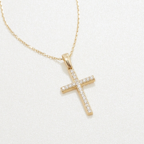 Cross Necklace, 14K Solid Gold Christian Cross Necklace, Dainty Diamond CZ Cross Necklace, Minimalist, Necklace for women