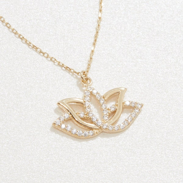 Lotus Flower Necklace, 14K REAL GOLD Lotus Pendant Necklace, Gift for Her, Jewelry For Women, Minimalist, Handmade Jewelry, Lotus Charm