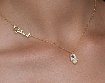 Hamsa Name Necklace, Initial Necklace Evil Eye Pendant, Hamsa Hand Charm Initial Necklace, Personalized Necklace, Minimalist Jewelry, Women