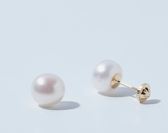 Pearl Stud Earrings, 14K SOLID GOLD Natural Pearl Earrings, Handmade Pearl Jewelry, Minimalist Dainty Earrings, Screw Flat Back Earrings