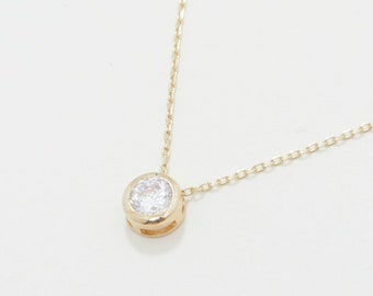 Round Solitaire Pendant Necklace, 14K Solid Gold Cz Diamond Necklace, Dainty Necklace, Minimalist, Handmade Jewelry, Necklace for women