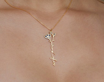 Birth Flower Name Necklace, Personalized Floral Necklace, Jewelry for Women, Gift For Her, Minimalist Necklace, Handmade Jewelry, Colored