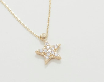 Star Pave Necklace, 14K Solid Gold Star Necklace, Diamond CZ Necklace, Minimalist, Handmade Jewelry, Necklace for women