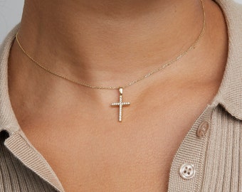14K Gold Cross Necklace, Christian Cross Necklace, Dainty Diamond CZ Cross Necklace, Minimalist, Handmade Jewelry, Necklace for women