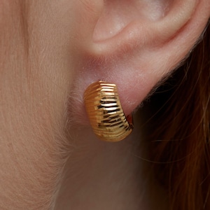 14K Gold Hoop Earrings - Chunky Huggie Hoop Earrings, Sterling Silver Earrings, Textured Bold hoops, Handmade Jewelry, Minimalist Earrings