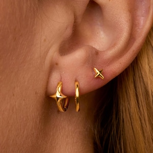 May include: Gold-colored earrings in a variety of styles. One ear has a small star stud and a small hoop earring. The other ear has a larger hoop earring with a star design. The earrings are worn on a person's ear.