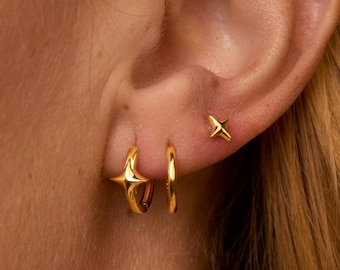 14K Gold Earring Set, Star Hoop Earrings with Star Studs, Ear Stack, Minimalist Gift for Her, Gold Plated Dainty Handmade Earrings