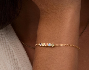 Pulsera de piedra natal de oro de 14 quilates, joyería personalizada con piedra natal familiar, pulsera de piedras preciosas de plata esterlina, regalo con múltiples piedras natales para ella.