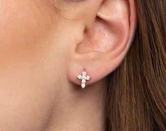 Cross Earrings - 14k Gold Stud Earrings - Christian Jewelry - Minimalist Gold Cross - Cross Charm Jewelry - Stud Cross - Earrings for Women