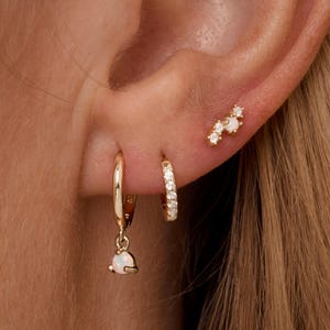 Può includere: Primo piano di un orecchio adornato da diversi orecchini d'oro. L'orecchio presenta un piccolo orecchino a lobo a grappolo, un piccolo orecchino a cerchio con cristalli incastonati e un orecchino a cerchio più grande con un ciondolo pendente.