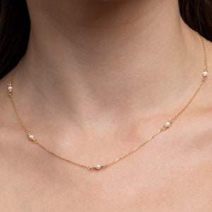 14K Gold Freshwater Pearl Necklace | Dainty Satellite Chain Necklace | Elegant Pearl Jewelry | Bridesmaid Gifts | Minimalist Gold Necklace
