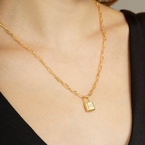 Initial Lock Necklace, Padlock Necklace, Letter Lock Pendant Necklace, Padlock Charm Necklace, Minimalist Handmade Jewelry for Women and Men
