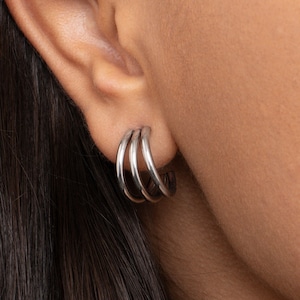 Silver Hoops, Chunky Hoop Earrings, Small Triple Hoops, Chunky Huggie Hoops, Silver  Hoop Earrings, Statement Earrings, Everyday Earrings