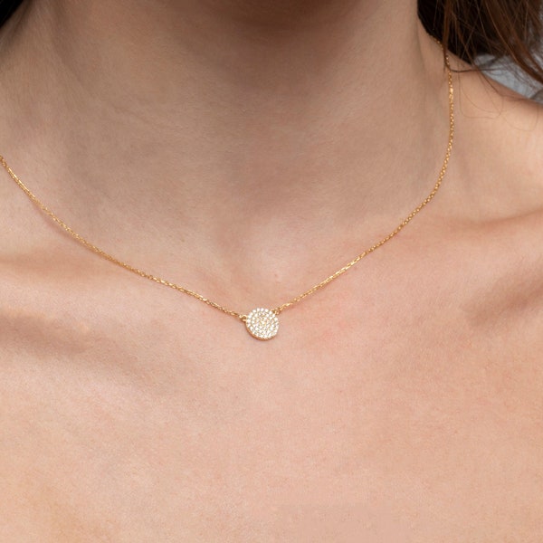 14K Solid Gold Pave Diamond Circle Pendant Necklace, 14K Gold Pave Circle Pendant Necklace, 10K Pave Circle Necklace, 8K Pave Circle Pendant