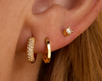 Earring Set, Gold Pave Huggie Hoop Earrings, Gold CZ Stud Earrings, Minimalist Jewelry, Pave Dainty Earrings, Gift for Her, Birthday Gift