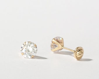 14K Solid Gold Ohrstecker, Ohrstecker, Diamant Ohrstecker, Minimalistische zierliche Ohrringe, CZ Ohrstecker, Schraube flache Rückseite Ohrring, kleine Runde