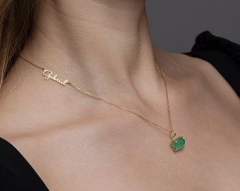 Emerald Necklace, Personalized Initial EMERALD Necklace, Minimalist Name Necklace for Women, Handmade Jewelry for Her, Natural Stone