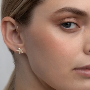 May include: A close-up of a person's face with a small, gold, flower-shaped earring with clear stones in the left earlobe.