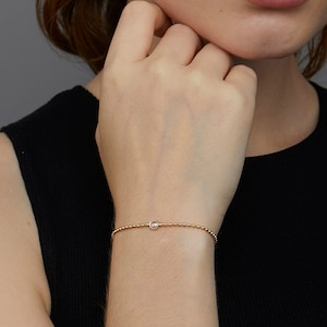 Diamond Bracelet - Sterling Silver Beaded Bracelet with Charm - Adjustable Bracelet - Jewelry for Women - Solitaire Bracelet