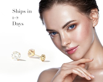 14K Solid Gold Stud Earring, Diamond Stud Earring, Dainty Earrings, CZ Stud Earrings, Screw Back Earring, Tiny Round Studs
