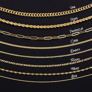 Sterling Silver Chain, Gold Link Chain, Paperclip, Twist, Curb, Rope, Figaro, Vine, Box, Cable, Dainty, Men and Women
