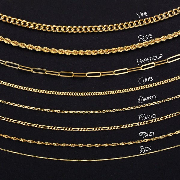 Kedja i sterlingsilver, guldlänkkedja, gem, vridning, trottoarkant, rep, figaro, vinranka, ask, kabel, nätt, män och kvinnor