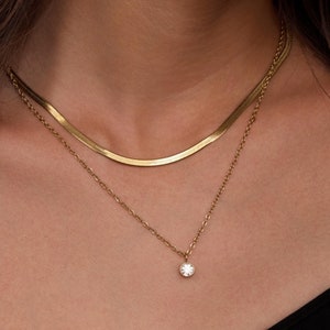 Herringbone Necklace with Diamond, Dainty Gold Necklace, 18k Gold Plated Snake, Choker Necklaces, Gold Layered Necklace, Jewelry for Women