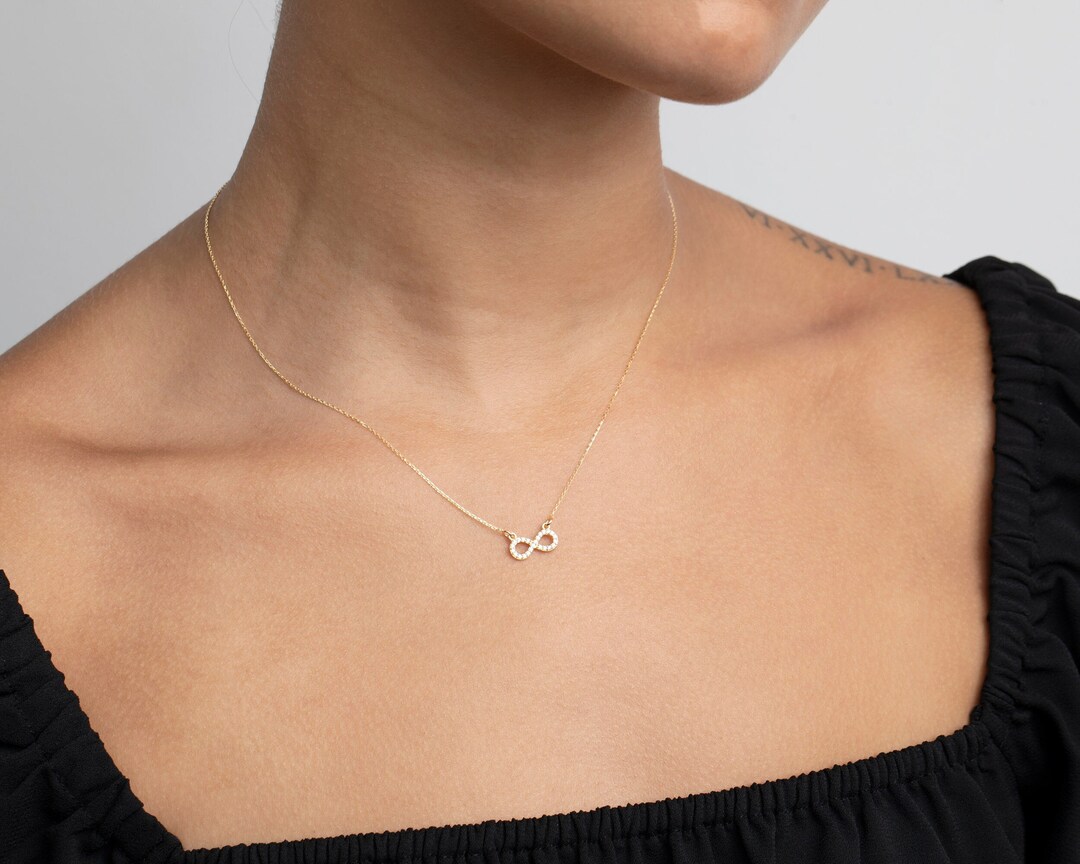 Infinity Necklace, 14K Solid Gold Infinity Pendant Necklace, Cz Stones