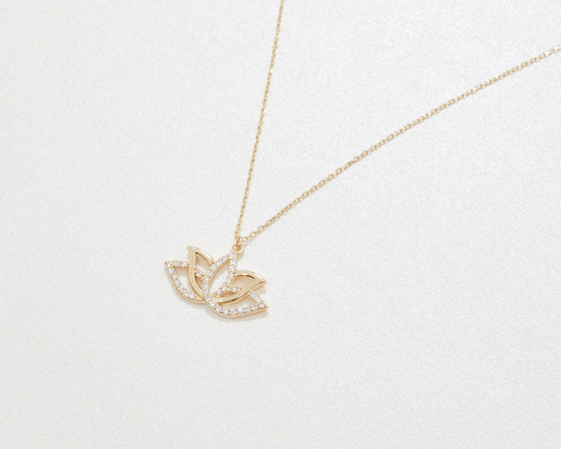 Lotus Flower Necklace 14K REAL GOLD Lotus Necklace Gift for Etsy
