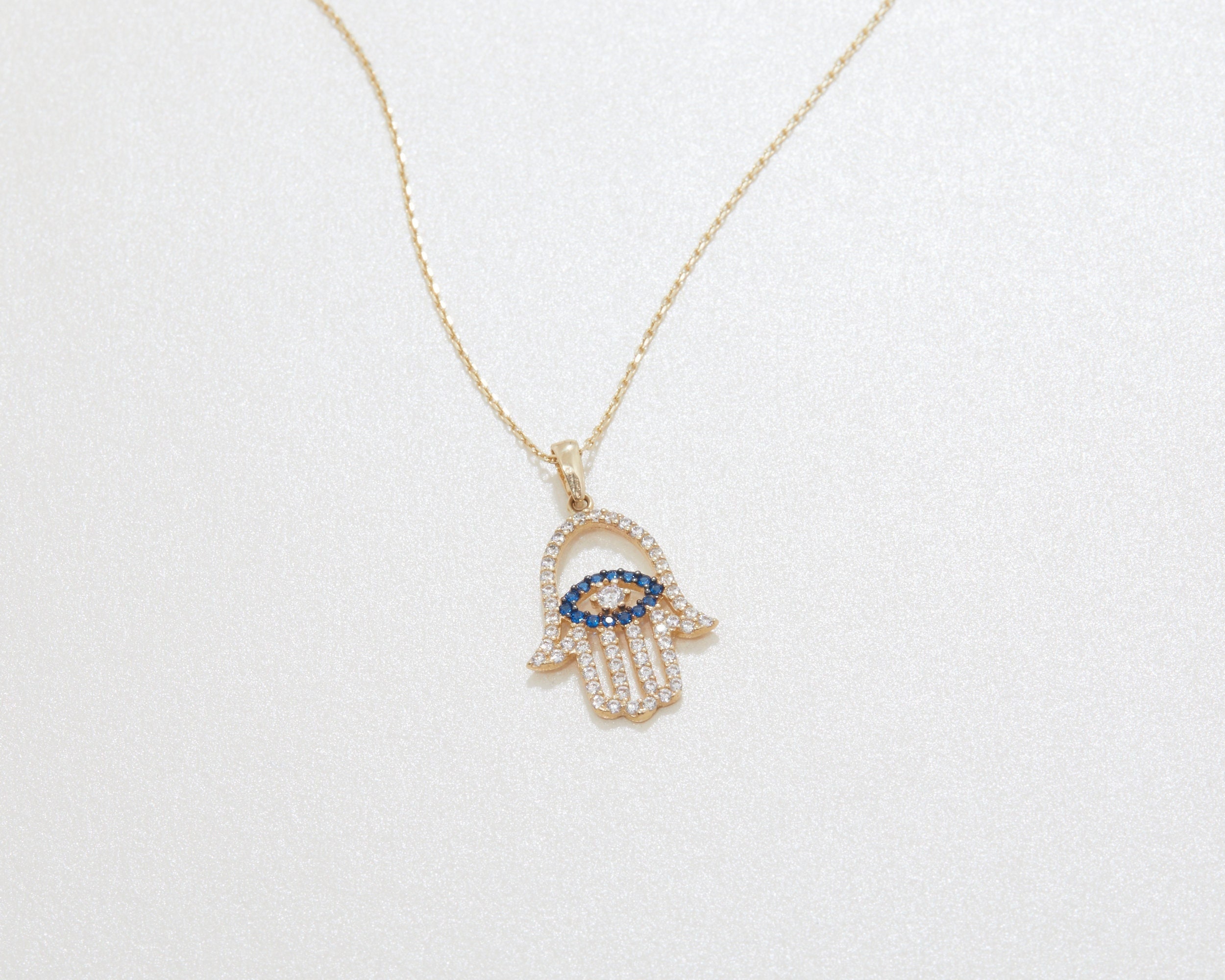 14K Solid Gold Hamsa Necklace, Solid Gold Evil Eye Necklace, Hamsa Pendant Protection Necklace, Dainty Hamsa Jewelry Minimalist Gift For Her